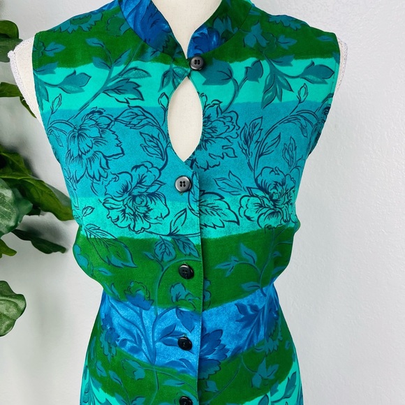 Vintage Olivia Rose Sleeveless Green Floral Maxi Double Slit Short Dress - Picture 2 of 6